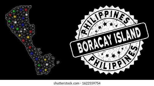Bright mesh Boracay Island map with glare effect, and stamp. Wire carcass polygonal Boracay Island map mesh in vector format on a black background. White round seal stamp with grunge texture.