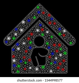 Bright mesh bordel with glow effect. White wire carcass polygonal mesh in vector format on a black background. Abstract 2d mesh designed with polygonal grid, small circle, colored glare spots.