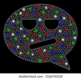 Bright mesh bored smiley message with glow effect. White wire carcass polygonal mesh in vector format on a black background. Abstract 2d mesh designed with triangular lines, spheric points,