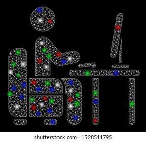 Bright mesh boss desk with glow effect. White wire carcass triangular mesh in vector format on a black background. Abstract 2d mesh designed with triangular lines, spheric points, colored glare spots.