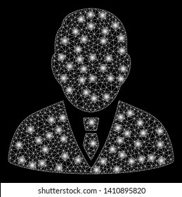 Bright mesh boss with glare effect. Abstract illuminated model of boss icon. Shiny wire carcass polygonal mesh boss abstraction in vector format on a black background.