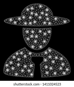 Bright mesh boss with glare effect. Abstract illuminated model of boss icon. Shiny wire carcass polygonal mesh boss abstraction in vector format on a black background.