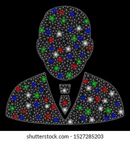 Bright mesh boss with glare effect. White wire carcass polygonal mesh in vector format on a black background. Abstract 2d mesh designed with triangles, round dots, colorful light spots.