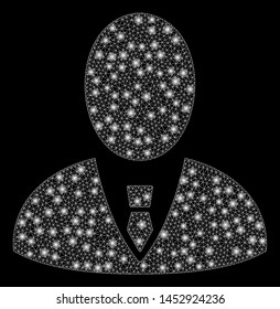 Bright mesh boss with lightspot effect. Abstract illuminated model of boss icon. Shiny wire frame triangular mesh boss abstraction in vector format on a black background.