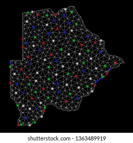 Bright mesh Botswana map with glare effect. Wire carcass triangular mesh in vector format on a black background. Abstract 2d mesh built from triangular lines, points, colored glare spots.