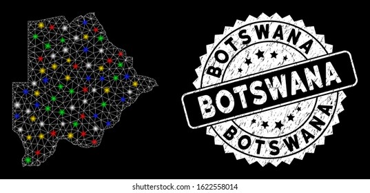 Bright mesh Botswana map with glare effect, and watermark. Wire carcass polygonal Botswana map mesh in vector format on a black background. White round seal with grunged textures.
