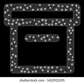 Bright mesh box with glare effect. Abstract illuminated model of box icon. Shiny wire carcass triangular mesh box abstraction in vector format on a black background.