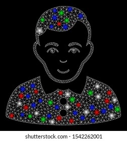 Bright mesh boy with glow effect. White wire frame triangular mesh in vector format on a black background. Abstract 2d mesh designed with triangular lines, spheric points, colorful glare spots.