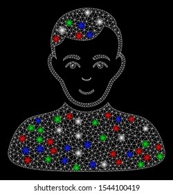 Bright mesh boy with glow effect. White wire frame triangular mesh in vector format on a black background. Abstract 2d mesh designed with triangles, spheric points, colored glare spots.