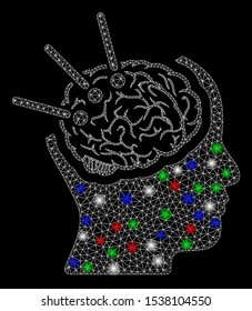 Bright mesh brain autopsy with lightspot effect. White wire carcass polygonal mesh in vector format on a black background. Abstract 2d mesh built from polygonal grid, round dots, colored flash spots.