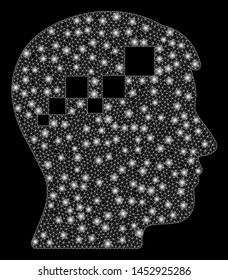 Bright mesh brain blockchain with glow effect. Abstract illuminated model of brain blockchain icon. Shiny wire frame polygonal mesh brain blockchain abstraction in vector format on a black background.