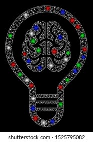 Bright mesh brain bulb with lightspot effect. White wire carcass polygonal mesh in vector format on a black background. Abstract 2d mesh designed with polygonal grid, dots, colorful flash spots.