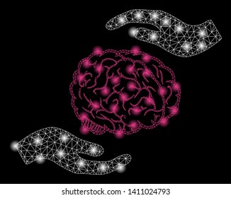 Bright mesh brain care hands with glare effect. Abstract illuminated model of brain care hands icon.