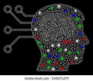 Bright mesh brain computer connection with glare effect. White wire carcass polygonal mesh in vector format on a black background. Abstract 2d mesh built from polygonal grid, small circle,