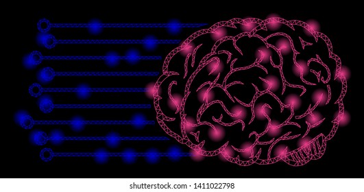 Bright mesh brain connections with glare effect. Abstract illuminated model of brain connections icon.