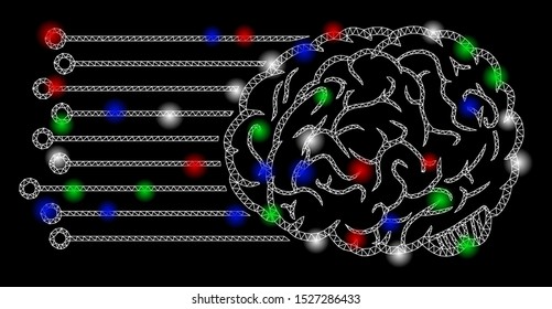 Bright mesh brain connections with glare effect. White wire carcass polygonal mesh in vector format on a black background. Abstract 2d mesh built from polygonal grid, dots, colorful light spots.