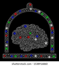 Bright mesh brain conservation with glow effect. White wire carcass polygonal mesh in vector format on a black background. Abstract 2d mesh designed with polygonal grid, small circle,