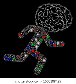 Bright mesh brain drain with lightspot effect. White wire carcass polygonal mesh in vector format on a black background. Abstract 2d mesh designed with polygonal grid, round dots, colored glare spots.
