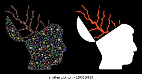 Bright mesh brain electricity icon with lightspot effect. Abstract illuminated model of brain electricity. Shiny wire carcass polygonal mesh brain electricity icon.