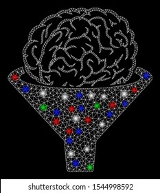 Bright mesh brain filter with glare effect. White wire carcass polygonal network in vector format on a black background. Abstract 2d mesh designed with triangular lines, round dots,