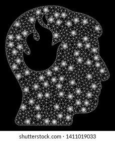 Bright mesh brain fire with glare effect. Abstract illuminated model of brain fire icon. Shiny wire carcass triangular mesh brain fire abstraction in vector format on a black background.