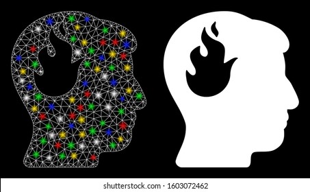 Bright mesh brain fire icon with glare effect. Abstract illuminated model of brain fire. Shiny wire carcass polygonal mesh brain fire icon. Vector abstraction on a black background.