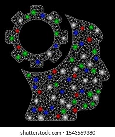 Bright mesh brain gear with glare effect. White wire frame polygonal mesh in vector format on a black background. Abstract 2d mesh designed with polygonal grid, dots, colored flash spots.