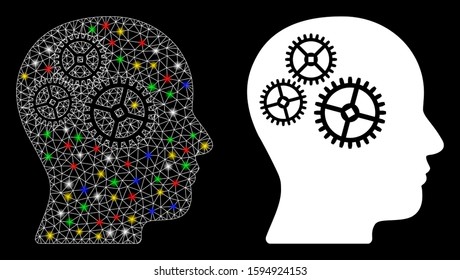 Bright mesh brain gears icon with sparkle effect. Abstract illuminated model of brain gears. Shiny wire frame polygonal mesh brain gears icon. Vector abstraction on a black background.