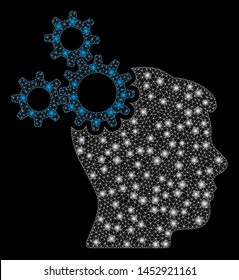 Bright mesh brain gears with lightspot effect. Abstract illuminated model of brain gears icon. Shiny wire carcass polygonal mesh brain gears abstraction in vector format on a black background.