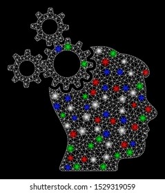 Bright mesh brain gears with lightspot effect. White wire frame polygonal mesh in vector format on a black background. Abstract 2d mesh designed with polygonal grid, small circle,