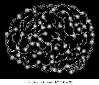 Bright mesh brain with glare effect. Abstract illuminated model of brain icon. Shiny wire carcass polygonal network brain abstraction in vector format on a black background.