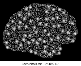Bright mesh brain with glare effect. Abstract illuminated model of brain icon. Shiny wire frame triangular network brain abstraction in vector format on a black background.