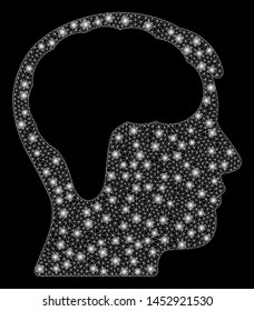 Bright mesh brain with glare effect. Abstract illuminated model of brain icon. Shiny wire frame polygonal network brain abstraction in vector format on a black background.