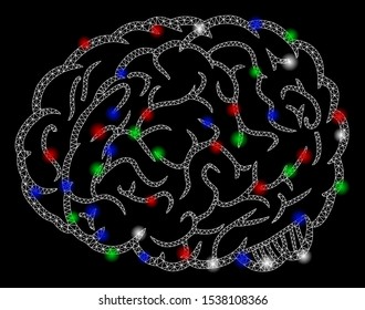 Bright mesh brain with glow effect. White wire frame polygonal mesh in vector format on a black background. Abstract 2d mesh created from polygonal grid, round dots, colored light spots.