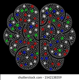 Bright mesh brain with glow effect. White wire frame triangular mesh in vector format on a black background. Abstract 2d mesh designed with triangular lines, spheric points, colored flare spots.