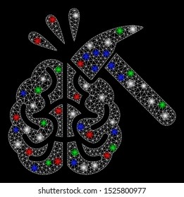 Bright mesh brain impact with glare effect. White wire carcass polygonal mesh in vector format on a black background. Abstract 2d mesh designed with triangular lines, dots, colored glare spots.