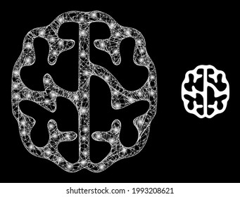 Bright mesh brain with lightspots. Wire carcass 2D mesh generated with crossing white lines and brain icon. White mesh and sparkle frame mesh brain on a black background.