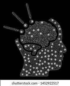 Bright mesh brain operation with glare effect. Abstract illuminated model of brain operation icon. Shiny wire frame polygonal mesh brain operation abstraction in vector format on a black background.