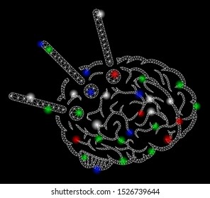 Bright mesh brain operation with lightspot effect. White wire frame polygonal mesh in vector format on a black background. Abstract 2d mesh designed with triangles, small circle, colorful flash spots.