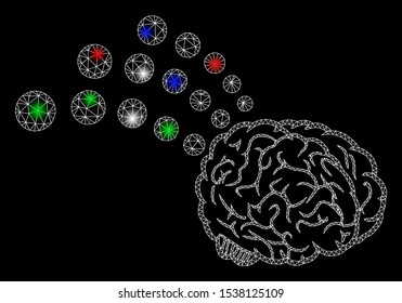 Bright mesh brain radio interface with glow effect. White wire frame triangular mesh in vector format on a black background. Abstract 2d mesh created from triangular lines, round dots,