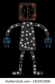 Bright mesh brain robot with glare effect. Abstract illuminated model of brain robot icon. Shiny wire frame polygonal network brain robot abstraction in vector format on a black background.
