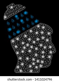 Bright mesh brain shower with glare effect. Abstract illuminated model of brain shower icon. Shiny wire frame polygonal mesh brain shower abstraction in vector format on a black background.