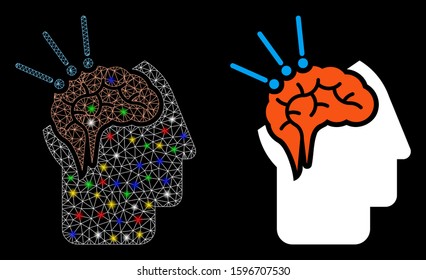 Bright mesh brain surgery icon with glow effect. Abstract illuminated model of brain surgery. Shiny wire carcass triangular mesh brain surgery icon. Vector abstraction on a black background.