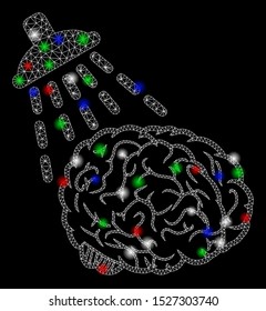 Bright mesh brain washing with glare effect. White wire frame polygonal mesh in vector format on a black background. Abstract 2d mesh designed with triangular lines, points, colored glare spots.