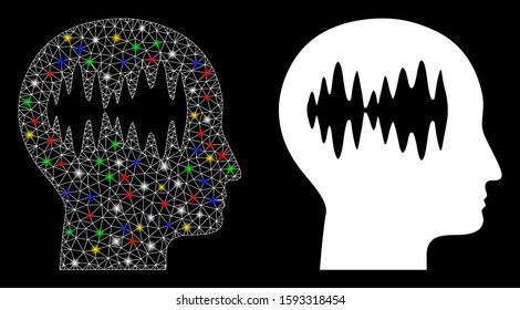 Bright mesh brain waves icon with glow effect. Abstract illuminated model of brain waves. Shiny wire carcass triangular network brain waves icon. Vector abstraction on a black background.