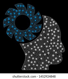 Bright mesh brain wheel with lightspot effect. Abstract illuminated model of brain wheel icon. Shiny wire frame triangular mesh brain wheel abstraction in vector format on a black background.
