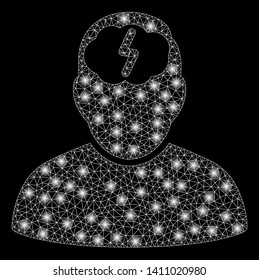 Bright mesh brainstorm with glare effect. Abstract illuminated model of brainstorm icon. Shiny wire carcass triangular mesh brainstorm abstraction in vector format on a black background.