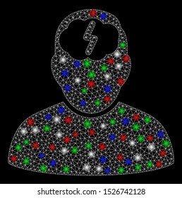 Bright mesh brainstorm with glare effect. White wire carcass polygonal mesh in vector format on a black background. Abstract 2d mesh designed with polygonal grid, dots, colored glare spots.