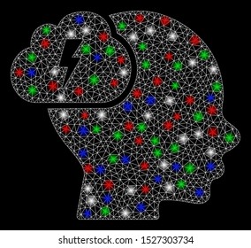 Bright mesh brainstorm with glow effect. White wire frame triangular mesh in vector format on a black background. Abstract 2d mesh created from triangular lines, small circle, colored glare spots.