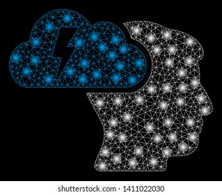 Bright mesh brainstorming with glow effect. Abstract illuminated model of brainstorming icon. Shiny wire frame polygonal mesh brainstorming abstraction in vector format on a black background.